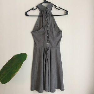 Suede High Neck Lace Up Back Skater Dress